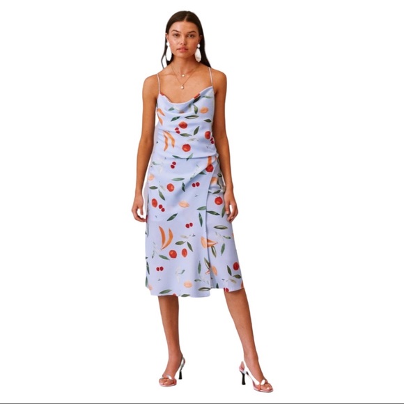 Finders Keepers CALYPSO MIDI DRESS size L US 8 blue with Allover fruit pattern - Picture 5 of 10